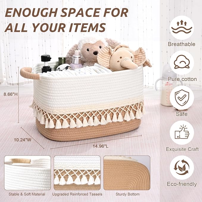 2 Pack Storage Basket for Shelves, Boho Cotton Rope Storage Bins - Image 3