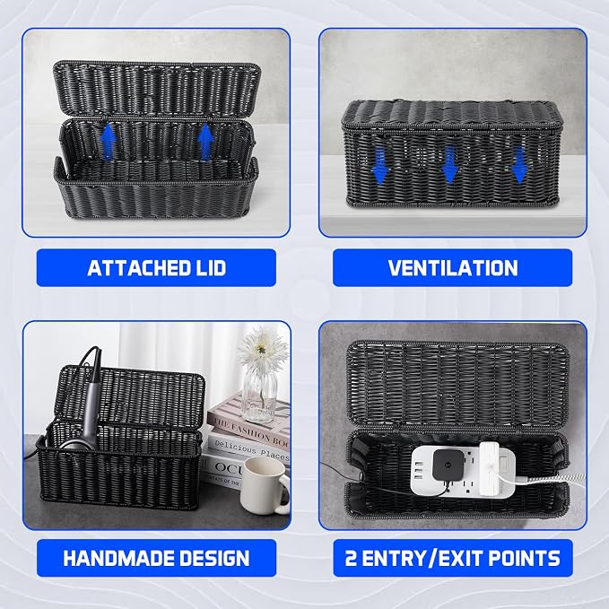 Cable Management Box, Handmade Rattan Cable Organizer, 2 Open Slots Cords Hider - Image 5
