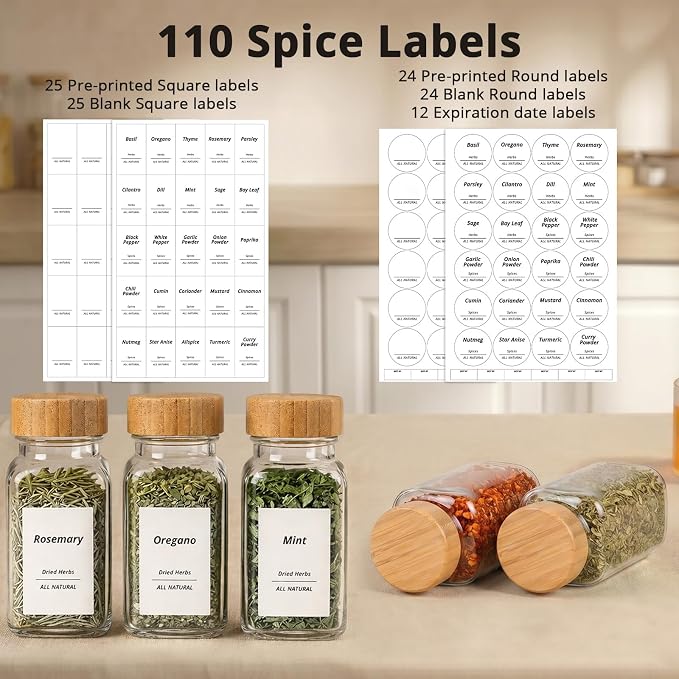 SHOWIN Spice Jars with Label, 6oz Spice Containers with Bamboo Lids 12pcs - Image 3
