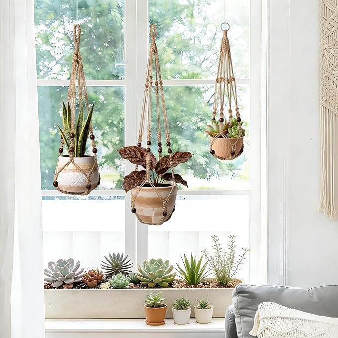 LEWESU 3 Pack Jute Macrame Plant Hanger Indoor 3 Different Sizes Hanging - Image 2