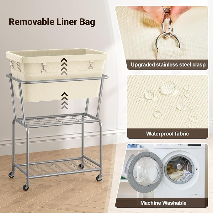 ELYKEN Laundry Cart with Wheels, Rolling Laundry Hamper with Removable Bag and - Image 5