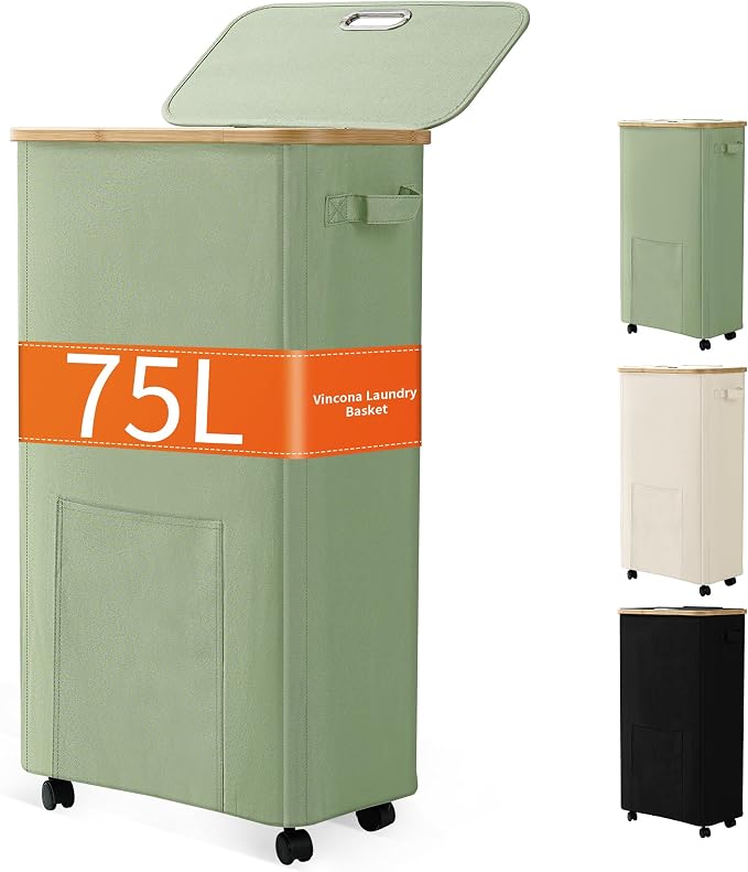 Vincona Laundry Basket with Wheels, Dirty Clothes Hamper on Wheels, Rolling by Vincona