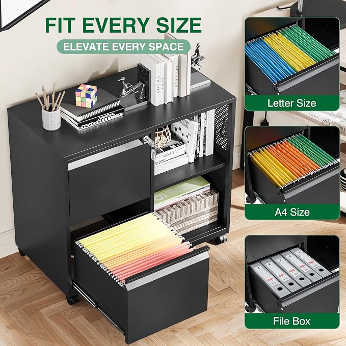 Mobile Lateral File Cabinet, 2 Drawer Filing Cabinet - Image 4