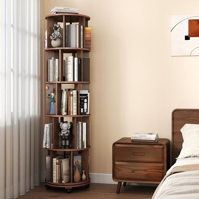 5-Tier Rotating Bookshelf on Wheels, 360° Spinning Bookshelf Tower, Round - Image 9