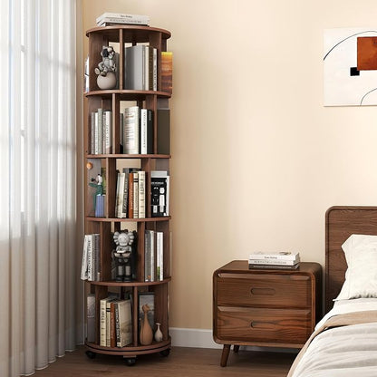 5-Tier Rotating Bookshelf on Wheels, 360° Spinning Bookshelf Tower, Round - Image 9