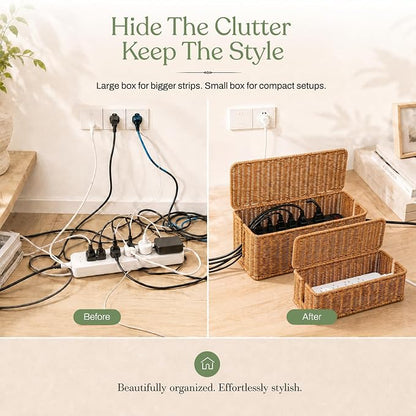 Cable Management Box Set of 2 Sizes, Handmade Rattan Cable Organizer - Image 4