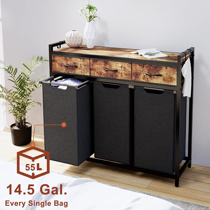 Laundry Hamper, Laundry Sorter 3 Section, Rolling Laundry Basket - Image 2