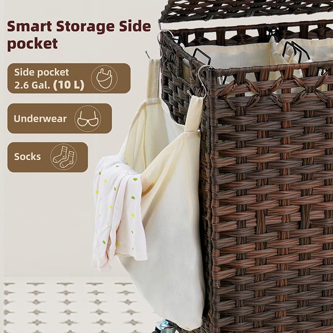 Laundry Hamper with Lid, 160L Rattan Wicker Laundry Basket with Wheels - Image 8