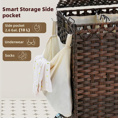 Laundry Hamper with Lid, 160L Rattan Wicker Laundry Basket with Wheels - Image 8