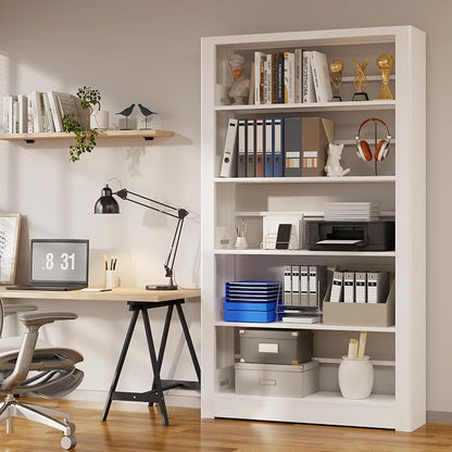 Metal White Bookshelf, 5 Shelf Bookcase, Large Bookshelves and Bookcases - Image 5