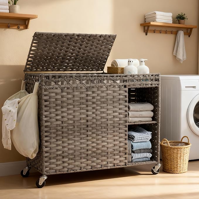 Laundry Hamper with Lid, 160L Rattan Wicker Laundry Basket with Wheels by HEYBLY