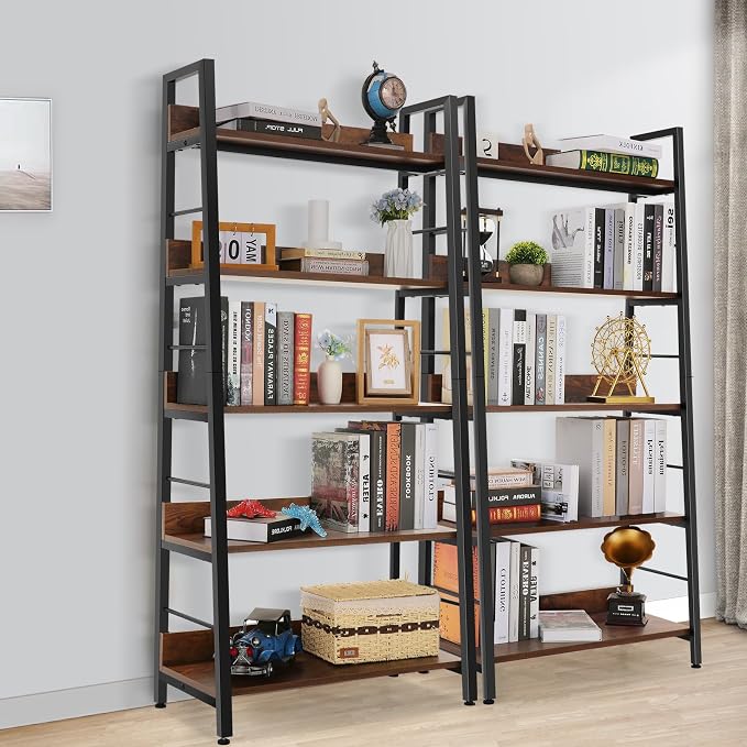 Himimi Ladder Bookshelf, 5 Shelf Bookcase Industrial Bookshelf Wood and Metal - Image 2