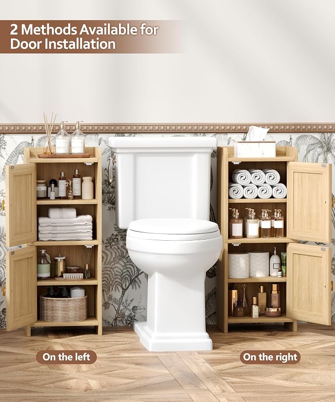 Akxomel Rattan Small Bathroom Cabinet Narrow Toilet Paper Organizer Oak | - Image 6