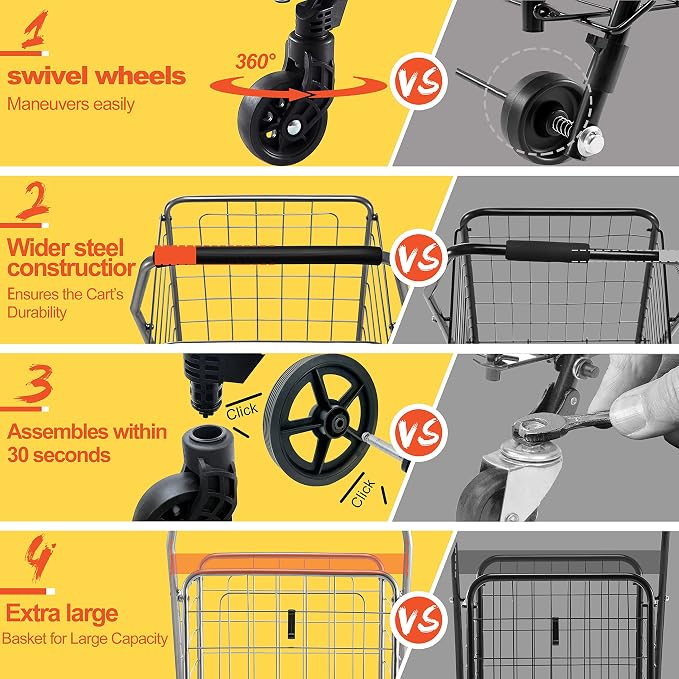 Wellmax WM99024S Grocery Utility Shopping Cart, Easily Collapsible and Portable - Image 3