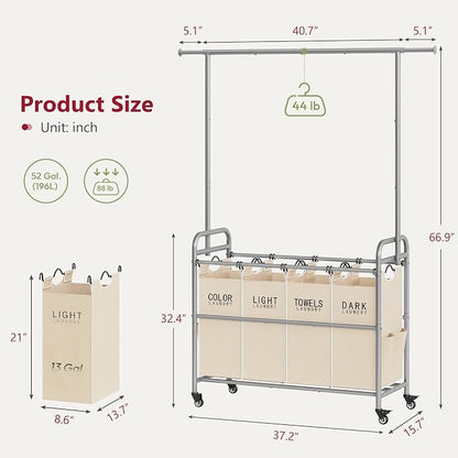 Tajsoon Laundry Hamper with Hanging Rack, Laundry Sorter 4 Sections, 4 Basket - Image 7