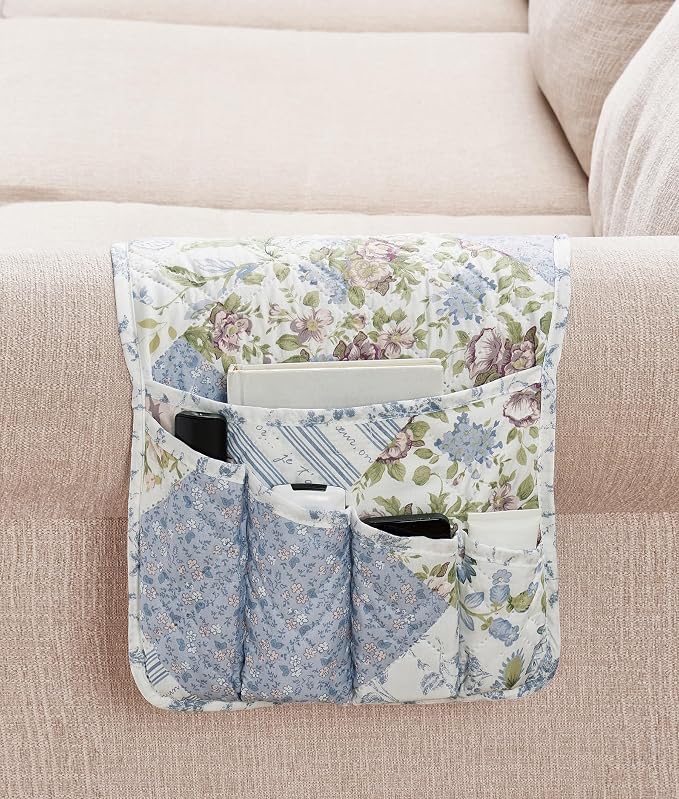 Brilliant Sunshine Blue Rose Patchwork Couch Armrest 5 Pockets Organizer by BrilliantSunshine