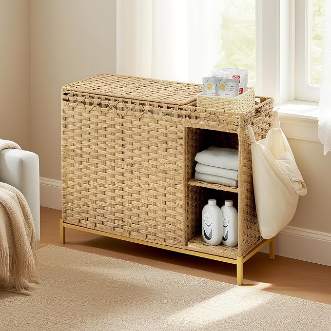 Laundry Hamper with Lid, 130L Rattan Laundry Hamper 3 Section with 50L Storage - Image 9