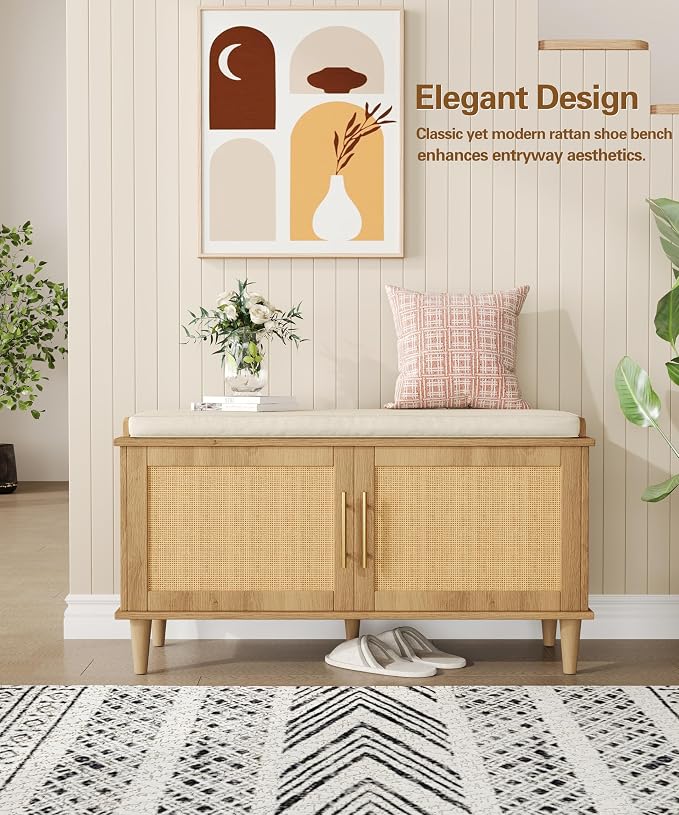 Akxomel Rattan Shoe Storage Bench - Image 9