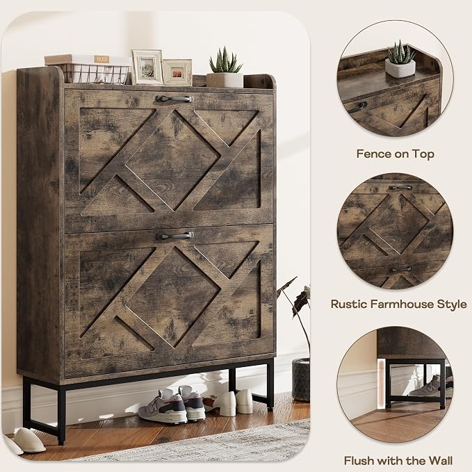 Nicetree Shoe Cabinet with 2 Flip Drawers, Entryway Organizer, Chestnut | Slim - Image 9