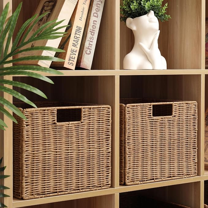12X12X10in Plastic Wicker Storage Basket, Collapsible Wicker Cube Storage - Image 3