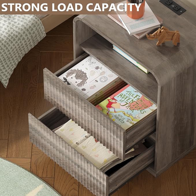 Dresser with 2 Drawers and Charging Station, Fluted Bedside Table with Round - Image 3