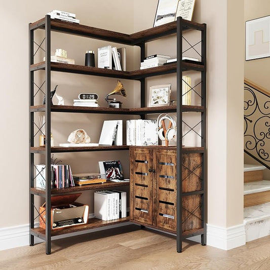 6-Shelf Corner Bookshelf, Vintage Industrial Corner Shelf Etagere Bookcase by WildhomeYourHomeFurnishingSolution