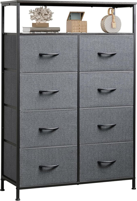 WLIVE 8 Drawer Fabric Dresser Open Shelves, Tall Bedroom Chest, Dark Grey | by WLIVE