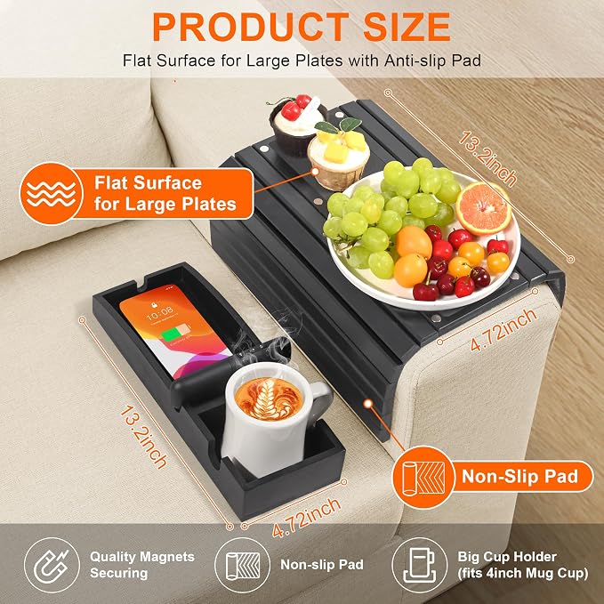Joy&Grace Couch Cup Holder, 3-in-1 Magnetic Detachable Couch Arm Tray, Bamboo - Image 2