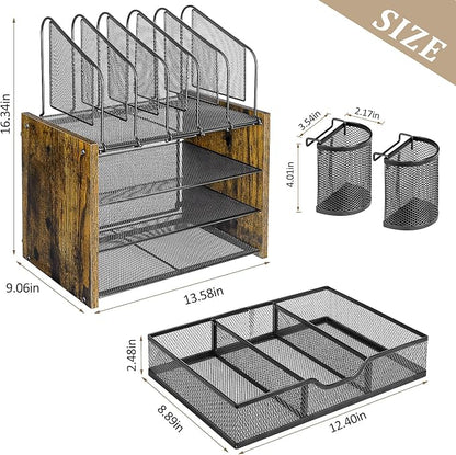 DAOUTIME 4-Tier Mesh Desk Organizer, Wooden Desk File Organizer - Image 6