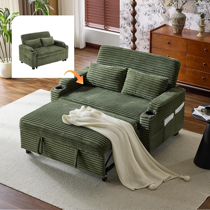 VINGLI Green Futon Sofa Bed Convertible Loveseat Sleeper Sofa Couch, Corduroy by VINGLI