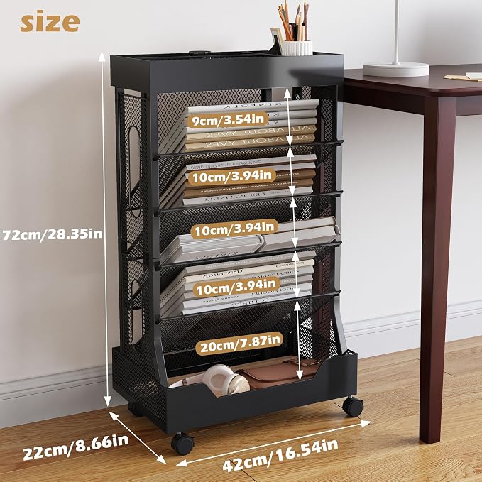Book Cart with Wheels Mobile Bookshelf Rolling Bookshelf Organizer Bookcase - Image 6
