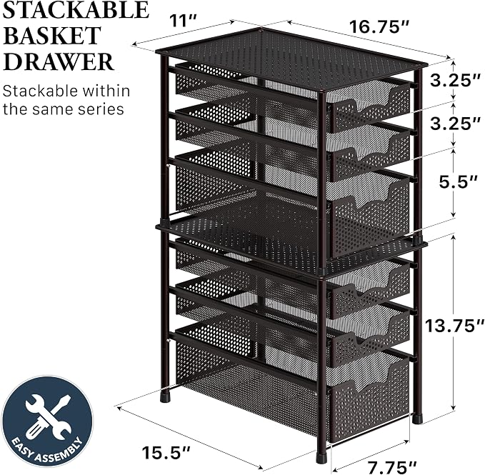 Simple Houseware Stackable 3 Tier Sliding Basket Organizer Drawer - Image 2
