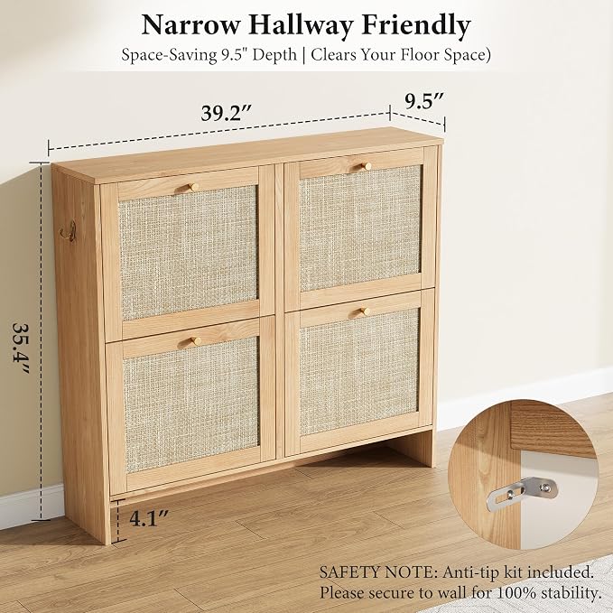 Nicetree Modern Rattan Shoe Cabinet, 4 Flip Drawers & Adjustable Shelves - Image 2