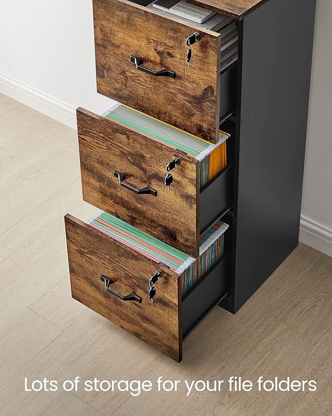 VASAGLE 3-Drawer Vertical File Cabinet, Rustic Brown and Black, - Image 5