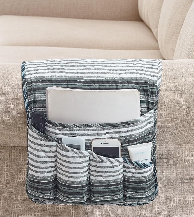 Brilliant Sunshine Multi Grey Stripes Patchwork Couch Armrest 5 Pockets by BrilliantSunshine