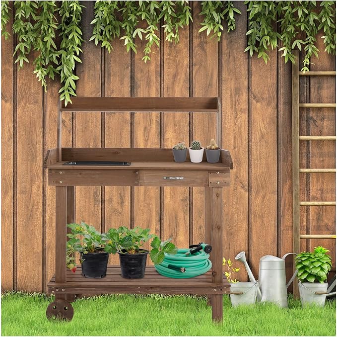 Wooden Potting Bench Outdoor Garden Work Table - Image 2