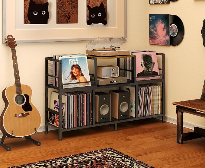 Record Player Stand with Dual Display Bins Storage - Image 7