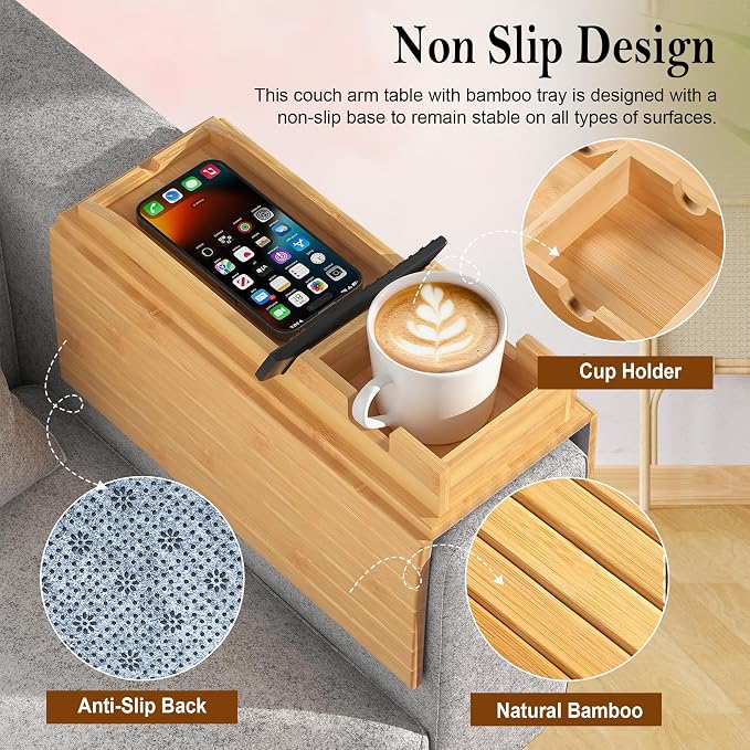Bamboo Couch Cup Holder for Phone, Remote - Image 2