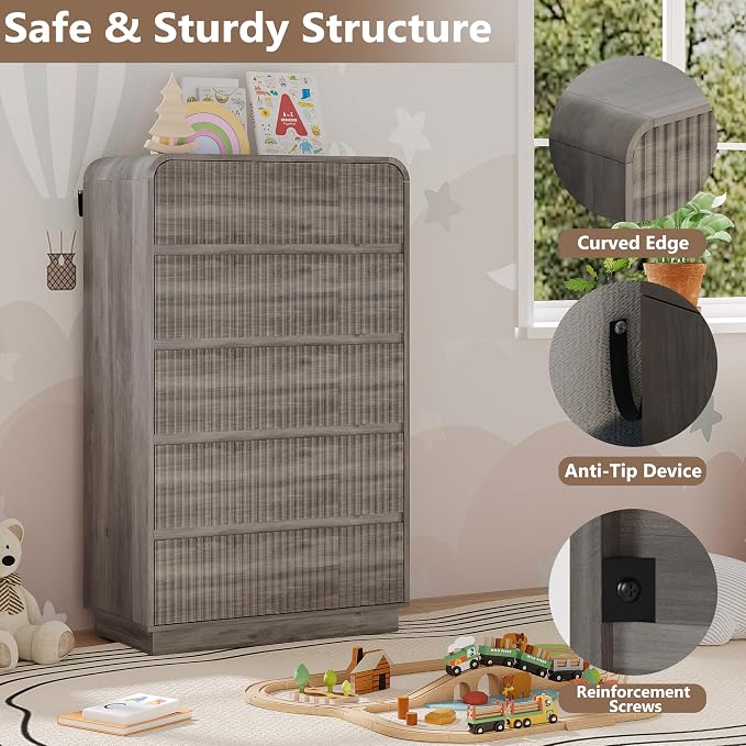 Tall Dresser for Bedroom with 5 Drawers, Fluted Chest of Drawers with Round - Image 4