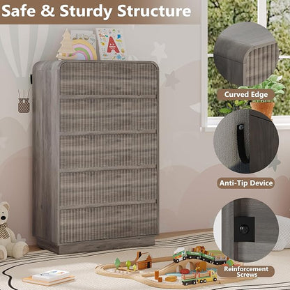 Tall Dresser for Bedroom with 5 Drawers, Fluted Chest of Drawers with Round - Image 4