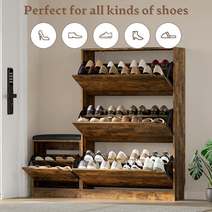 BORNOON Shoe Cabinet with Bench and 3 Flip Drawers, Slim Narrow Shoe Storage - Image 4