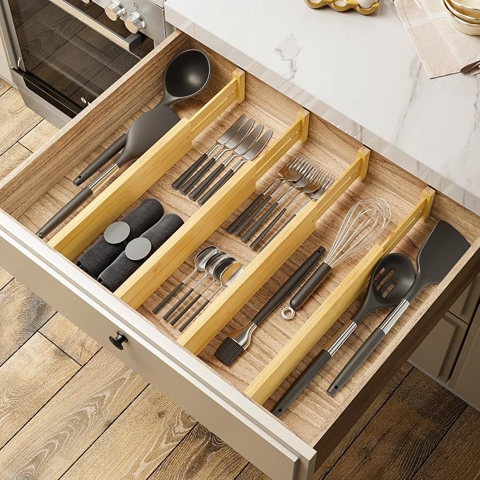 BAMEOS Bamboo Expandable Drawer Dividers – Fits 13.3"–19" Drawers, Prevents - Image 4