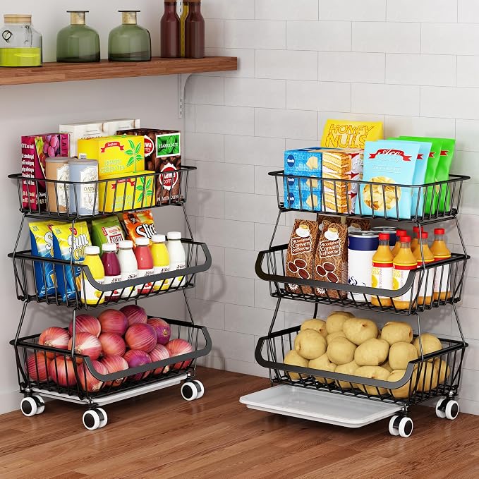 3-Tier Rolling Pantry Floor Organizer, Stackable Pantry Storage Cart by Mchoter