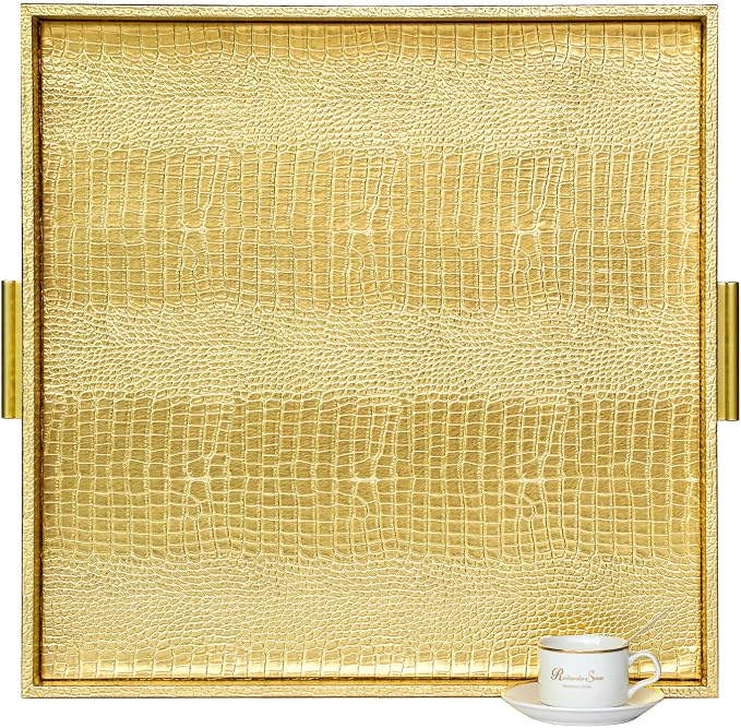 HofferRuffer Extra Large Square Serving Tray, Elegant Faux Leather Ottoman Tray by HofferRuffer
