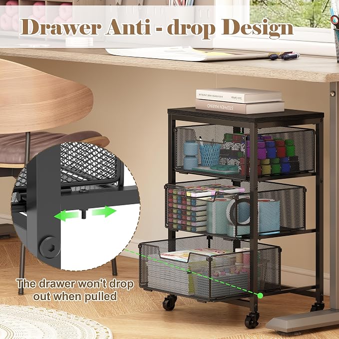 Under Desk Storage Cart with Lockable Wheels, 3-Drawer Rolling Storage Cart - Image 5
