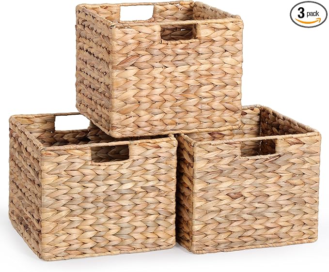 12x12x10 Water Hyacinth Storage Basket Large, Folding Cube Woven Wicker Storage by DINGTAI
