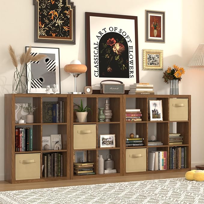 Bookshelf with Storage Bin, 4-Cube Storage Organizer, Modern Wood Open Bookcase - Image 4