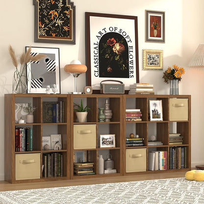 Bookshelf with Storage Bin, 4-Cube Storage Organizer, Modern Wood Open Bookcase - Image 4