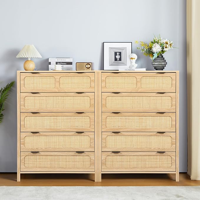 5 Drawer Dresser with Rattan Finish, Modern Farmhouse Chest of Drawers with - Image 5