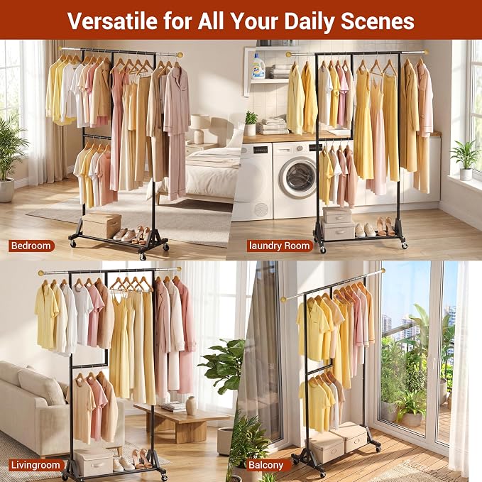 Rolling Clothing Rack with Bottom Storage Shelf & lockable Casters, Dresses - Image 5